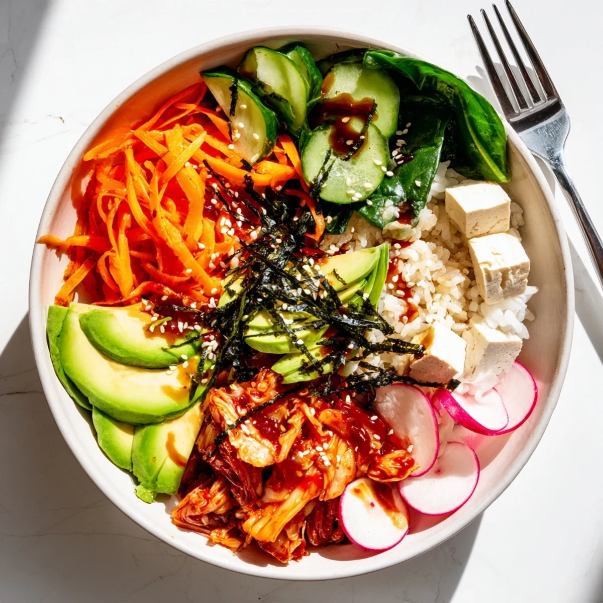 A nourishing fermented vegetable bowl drizzled with savory dressing and sesame seeds.