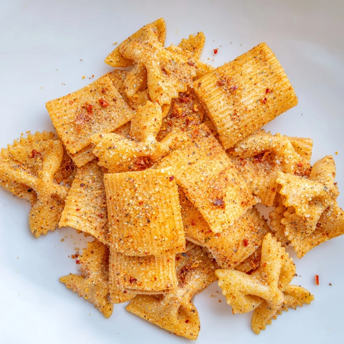 Oven-baked pasta chips seasoned variety, perfect for dipping in creamy hummus.  