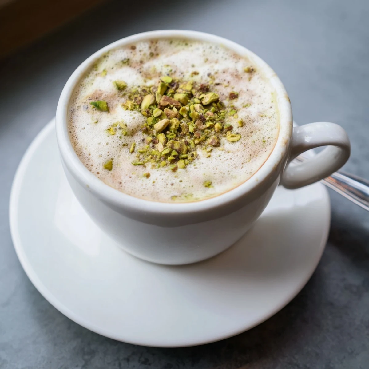 Creamy pistachio milk latte topped with crushed nuts and froth, perfect treat.  