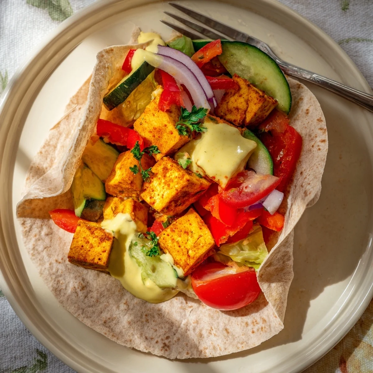 Vibrant vegan viral recipe makeover featuring roasted tofu and fresh veggies in wraps.  