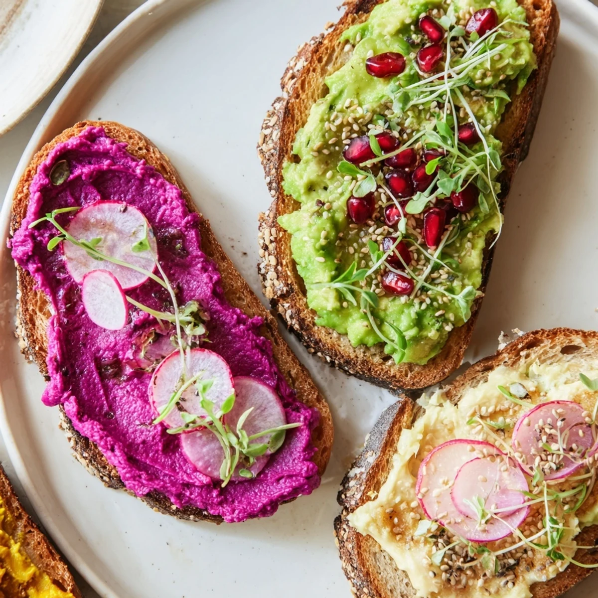 Colorful breakfast toasts featuring creamy ube spread and fresh avocado toppings.  