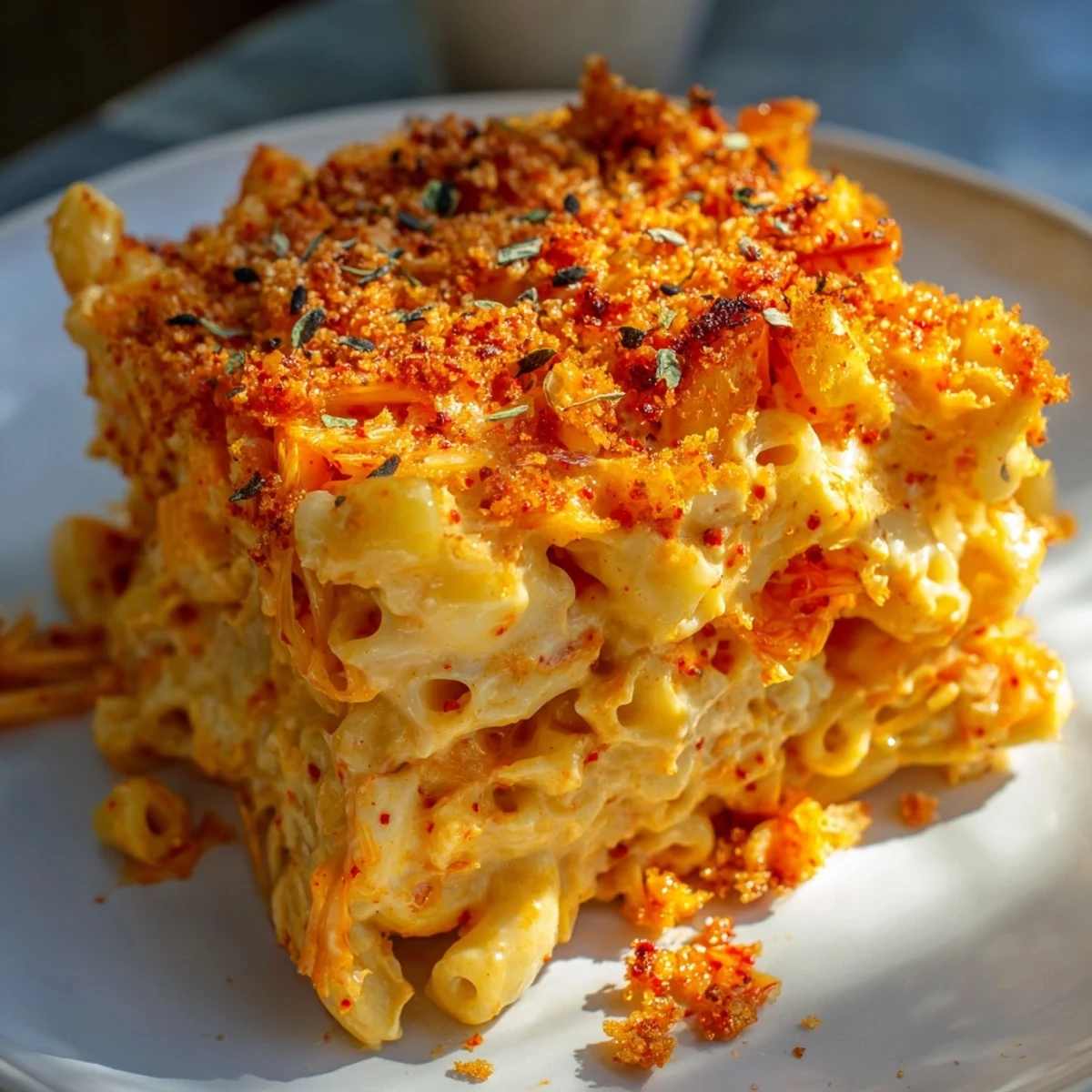 Creamy Spicy Kimchi Mac & Cheese topped with crunchy sesame for a fusion delight.  