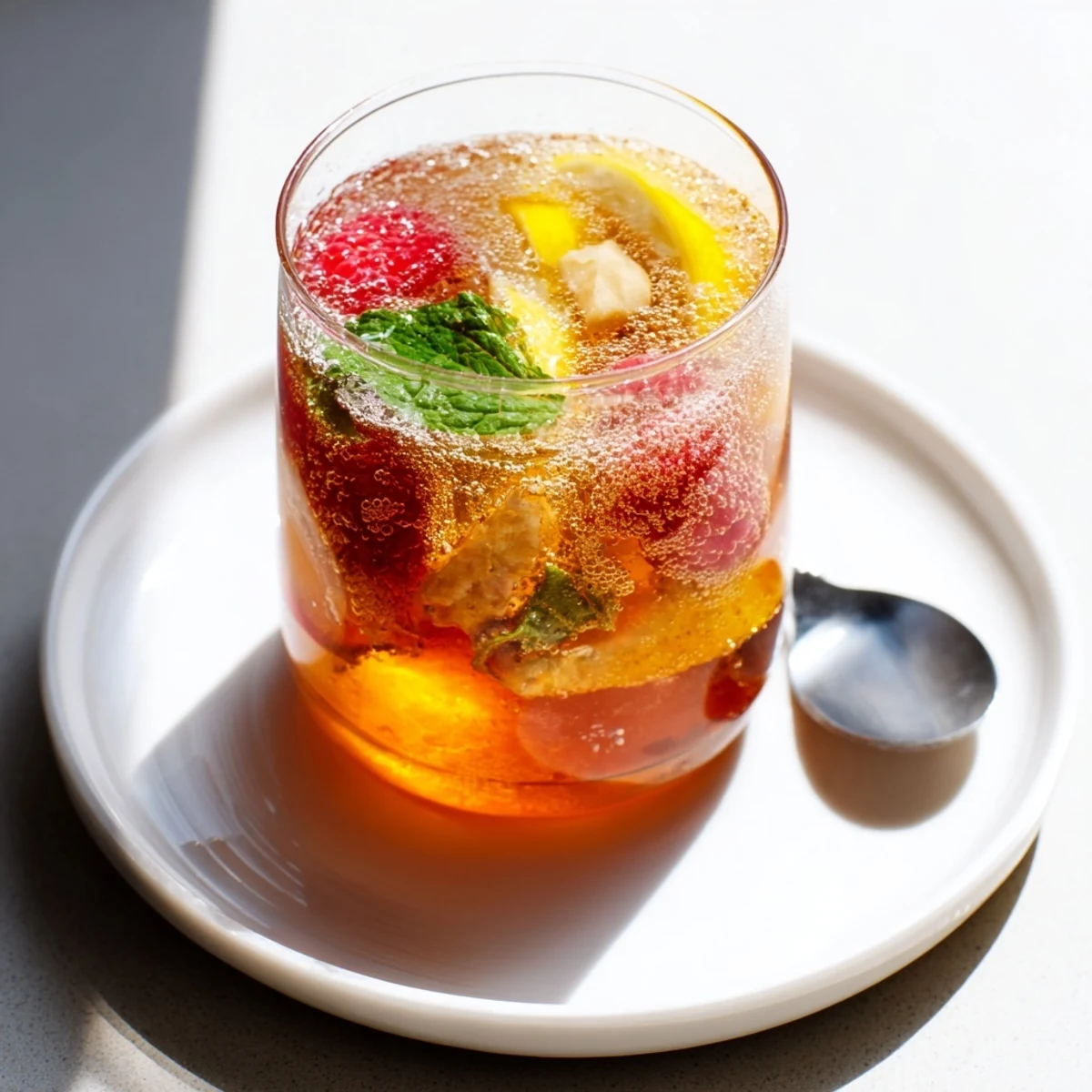 A vibrant Kombucha-style home-brew mocktail garnished with fresh berries and mint.  