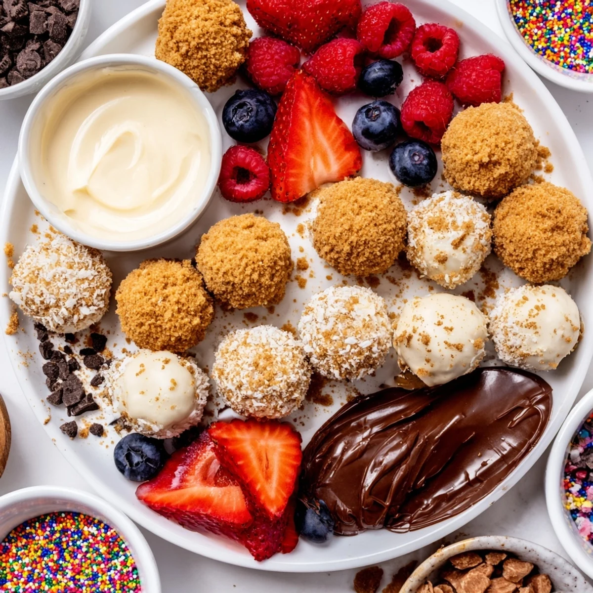 Deconstructed Dessert Board featuring creamy cheesecake bites and colorful fresh toppings.  