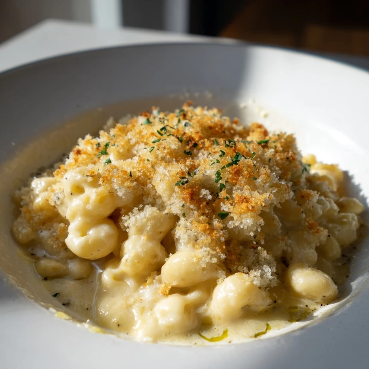 Creamy truffle macaroni and cheese served in a golden baking dish, sprinkled with parsley.  