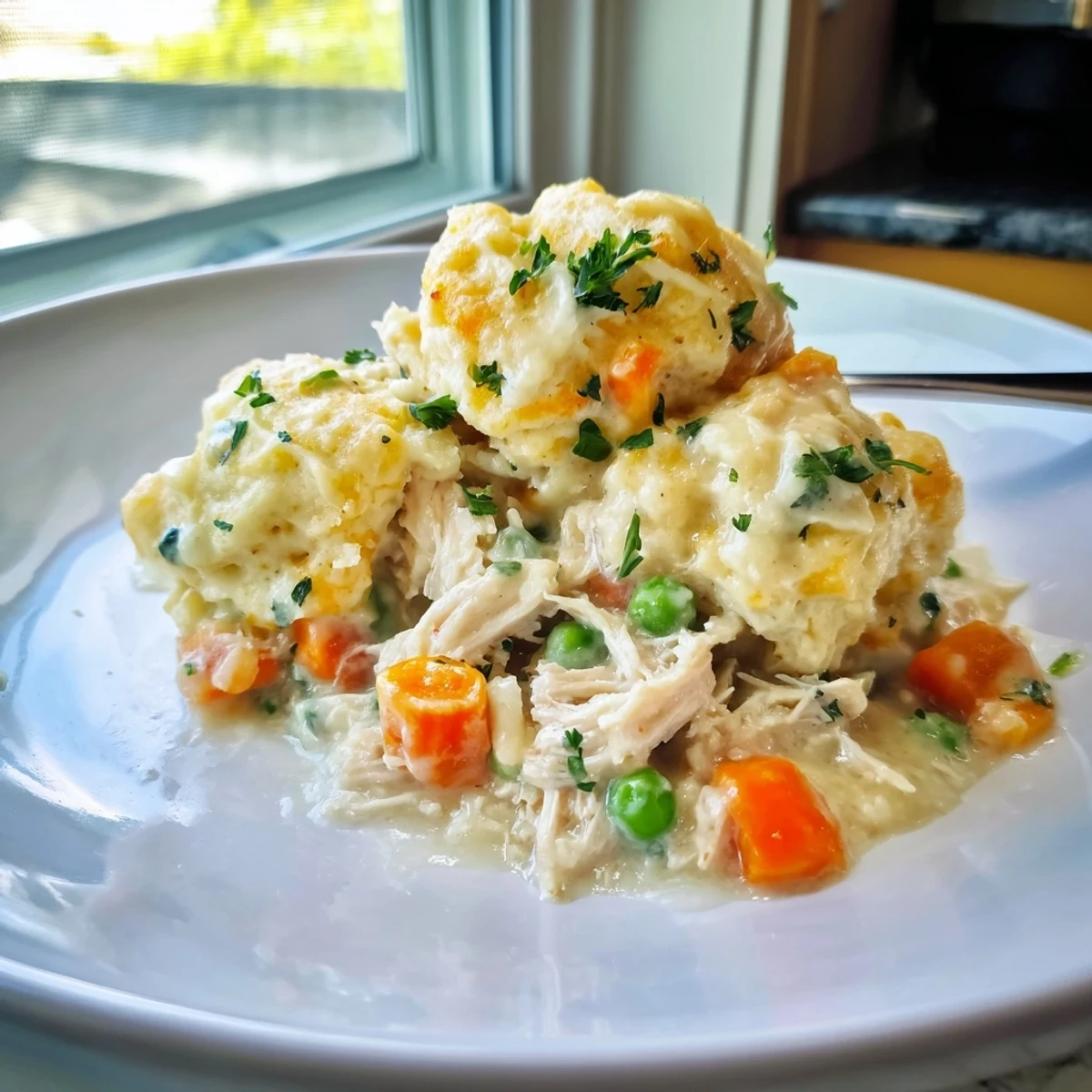 Tender chicken and dumplings casserole topped with fluffy, golden dumplings ready to serve.  