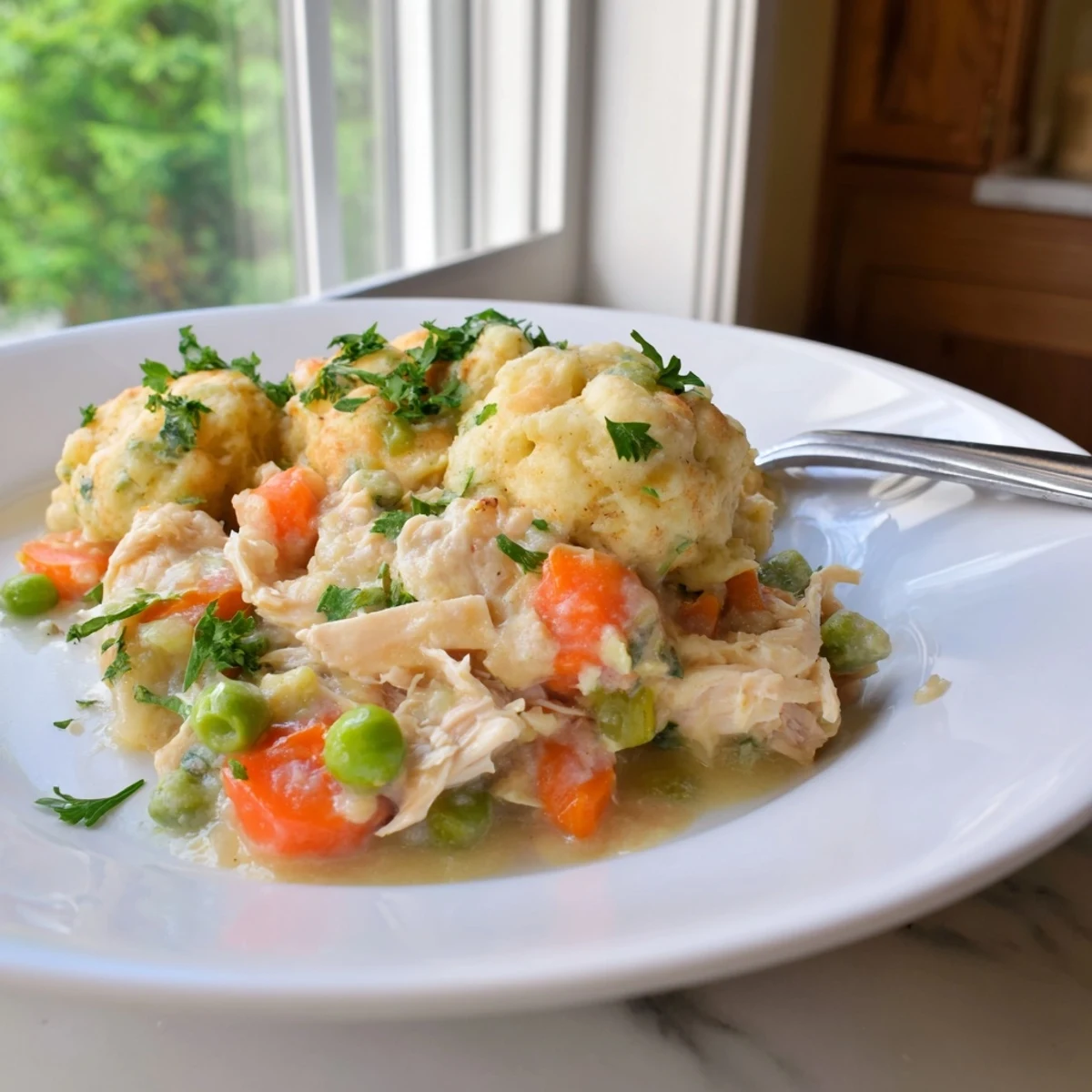 Hearty chicken and dumplings casserole, a comforting dish perfect for family gatherings.