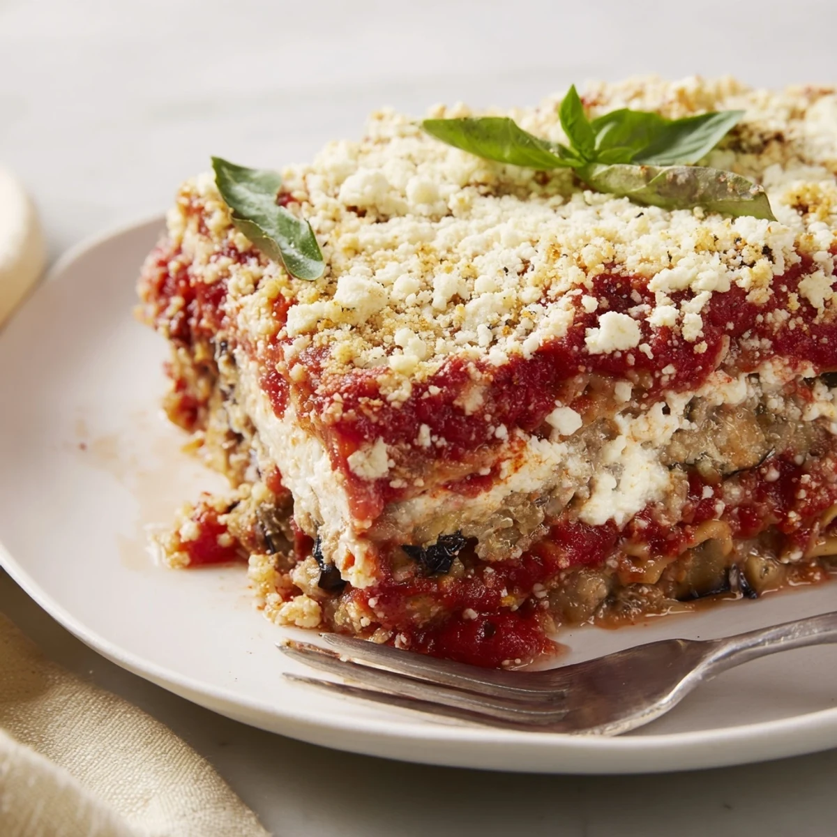 Golden Eggplant Parmesan Lasagna layered with melted cheese and fresh basil garnishes.  