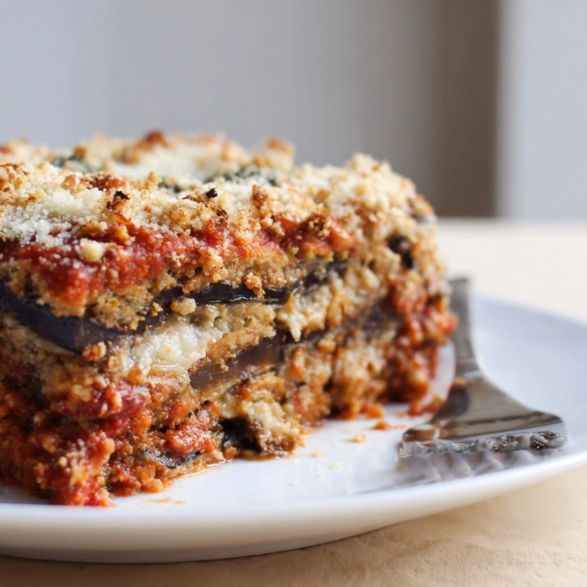 Deliciously baked Eggplant Parmesan Lasagna, featuring rich marinara and creamy ricotta layers.  