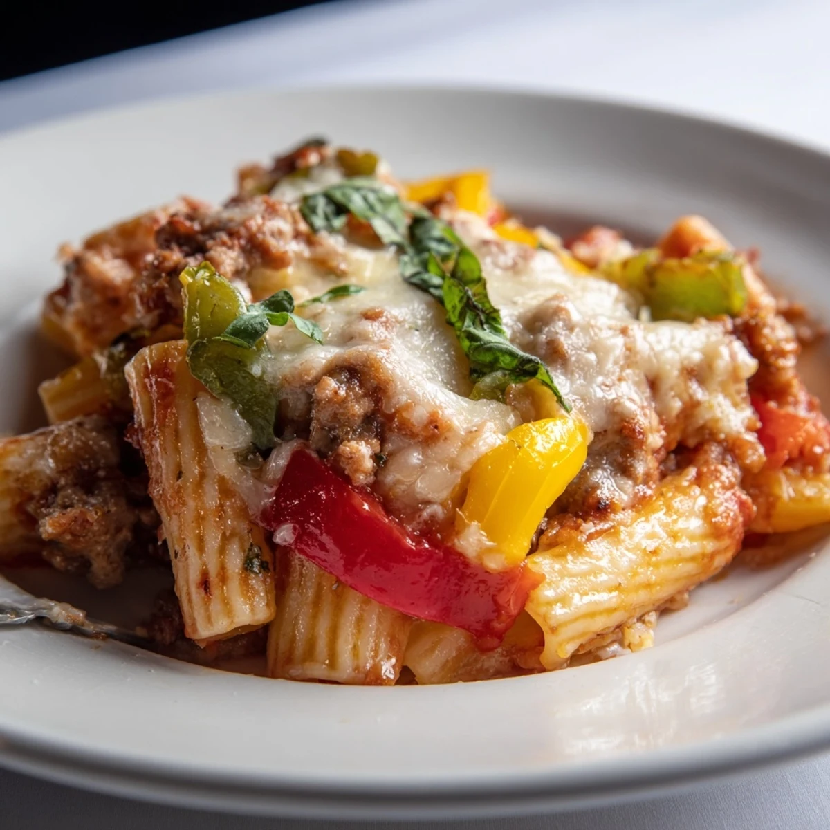 Aromatic baked rigatoni with sausage and peppers topped with gooey melted cheese.  