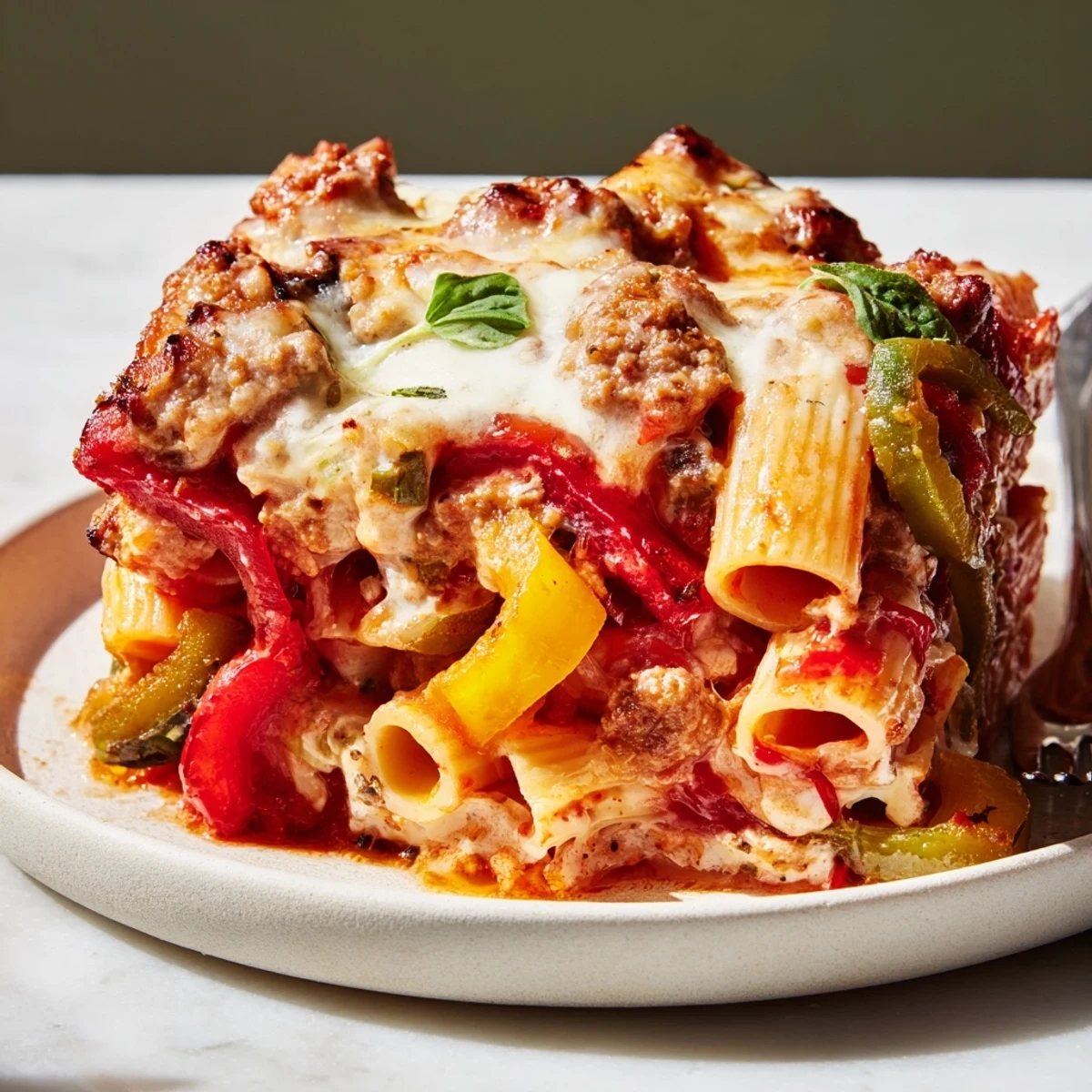 Savory baked rigatoni with sausage, vibrant peppers, and bubbling cheese straight from the oven.
