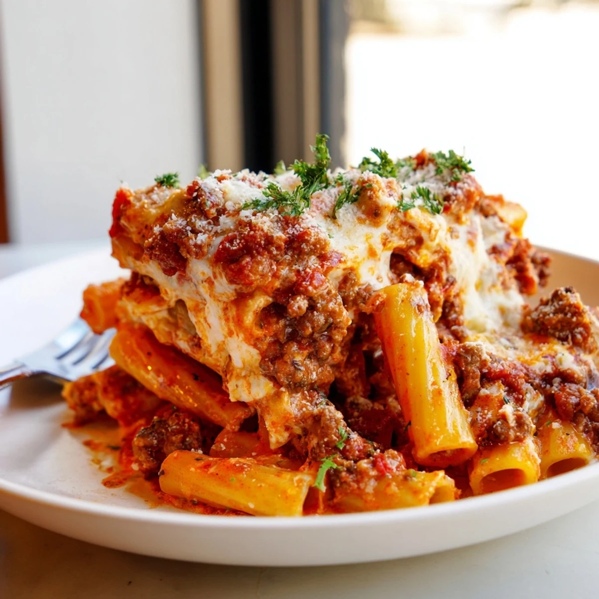 A delicious plate of Baked Ziti with Meat Sauce, bursting with rich flavors.
