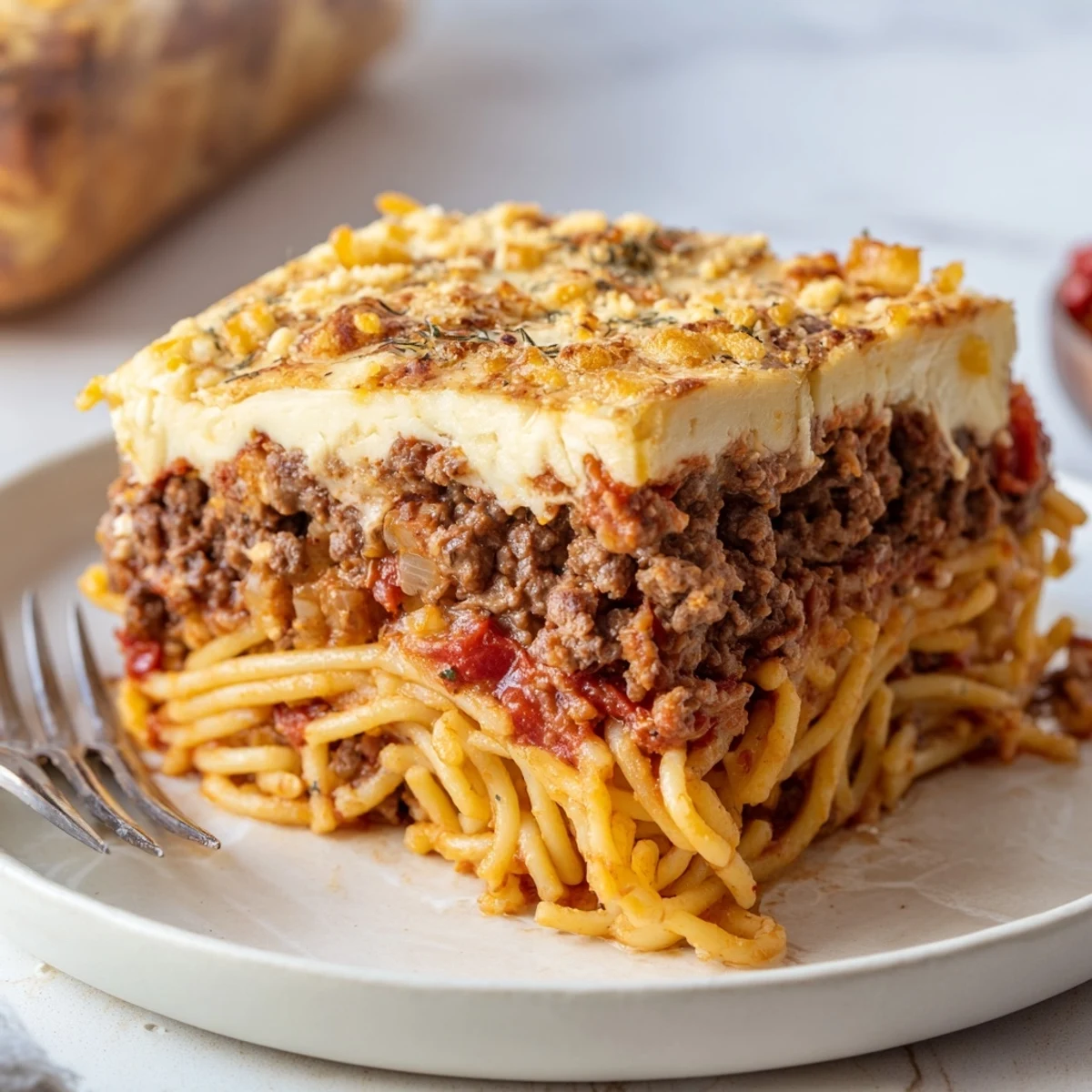 Enjoy a delicious slice of Greek Pastitsio with creamy béchamel topping.  