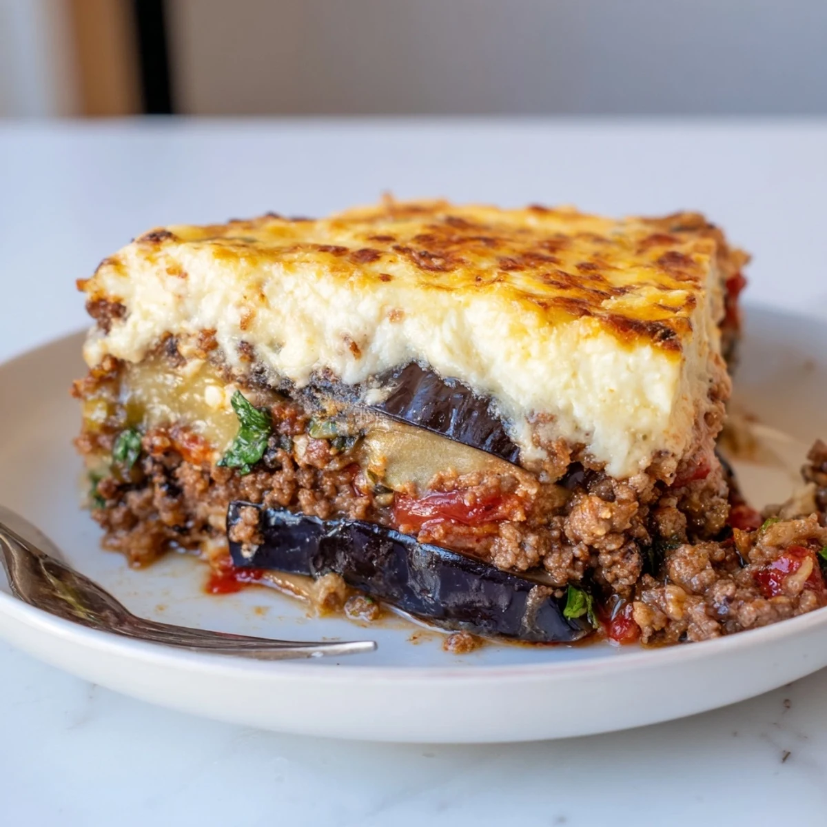 Classic Moussaka with Beef & Eggplant topped with creamy béchamel and golden cheese.  