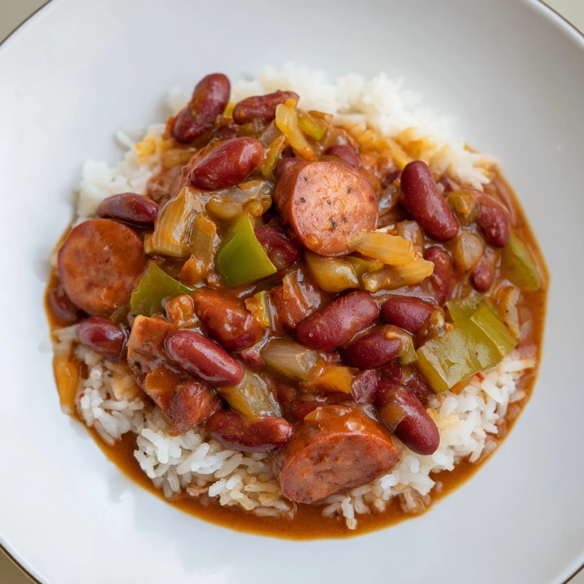 Steaming bowl of Red Beans & Rice, a Creole comfort food with savory sausage and fluffy rice.