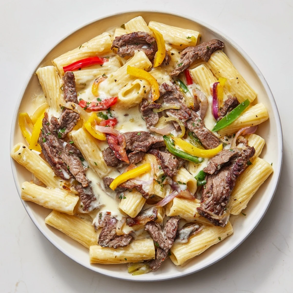 A close-up of creamy Philly Cheese Steak Pasta, loaded with tender beef and peppers.