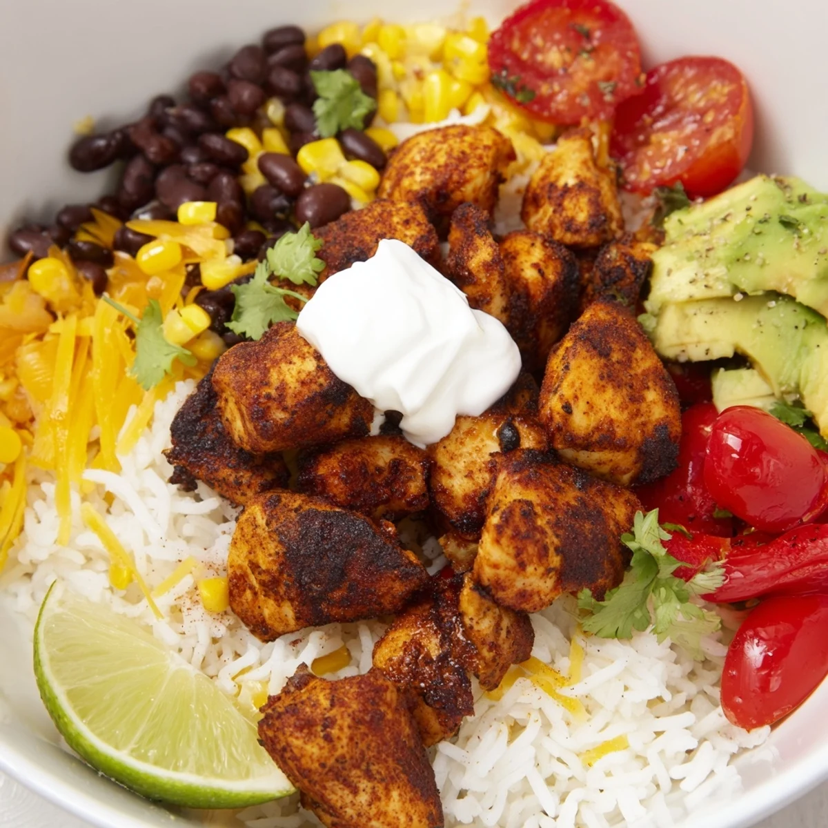 Sheet Pan Chicken Burrito Bowls: a colorful mix of tender chicken, roasted peppers, and flavorful toppings.