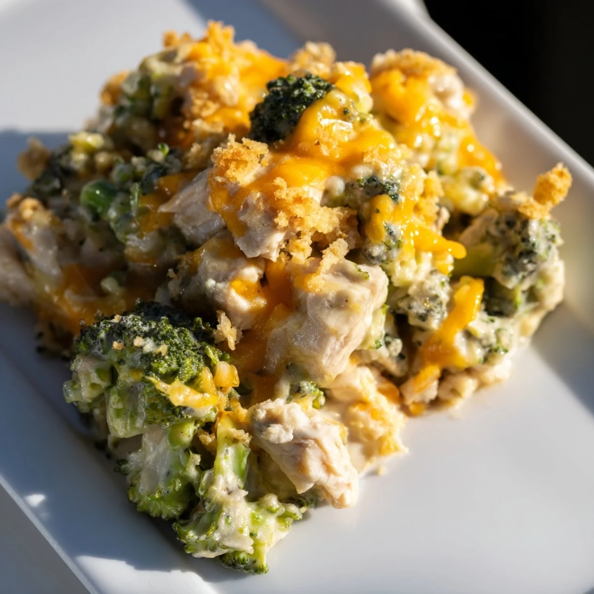 Golden, bubbly Chicken & Broccoli Cheddar Bake with a crispy breadcrumb topping, perfect for dinner.
