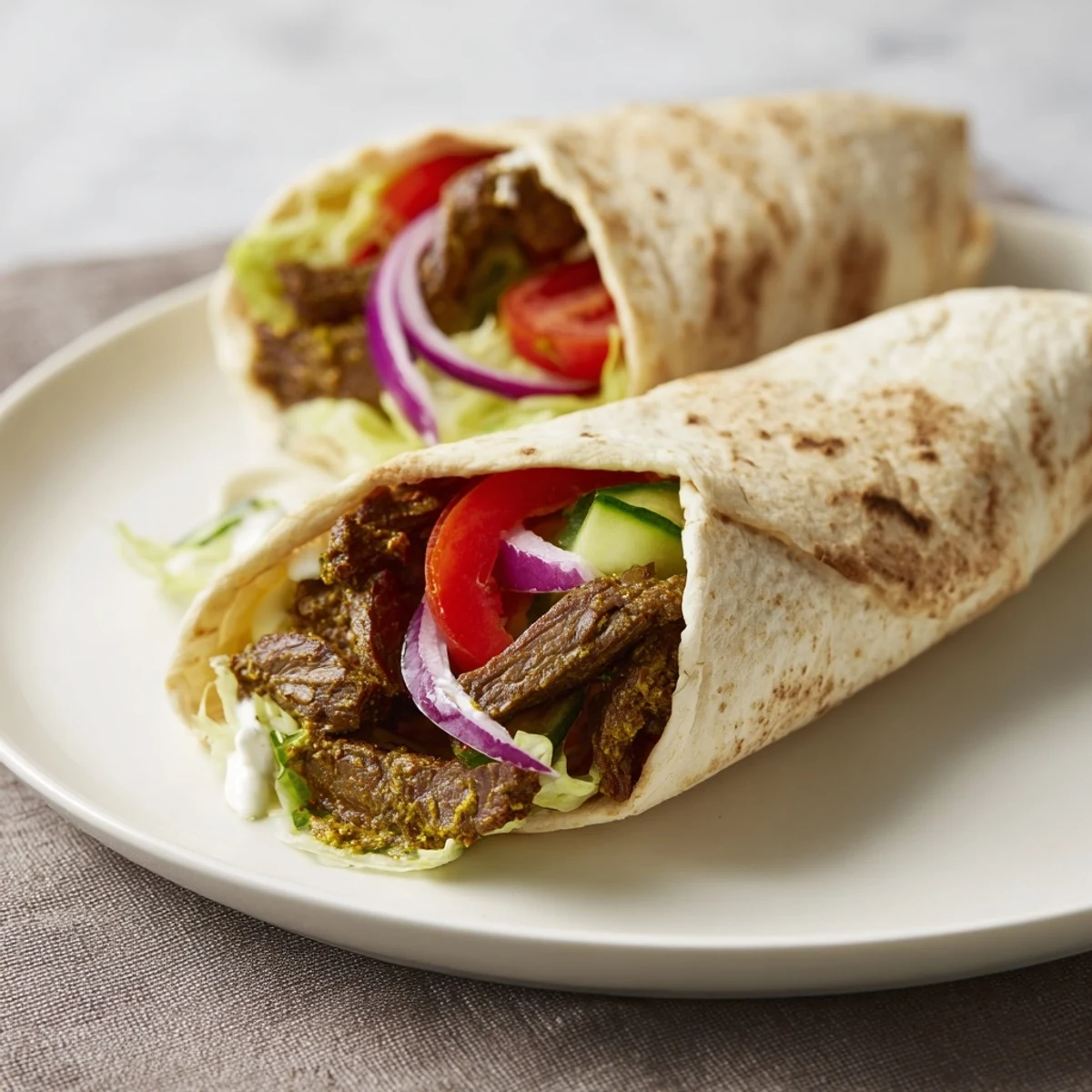 Sliced Beef Shawarma wraps, richly spiced and filled, ready to be enjoyed with creamy yogurt sauce.