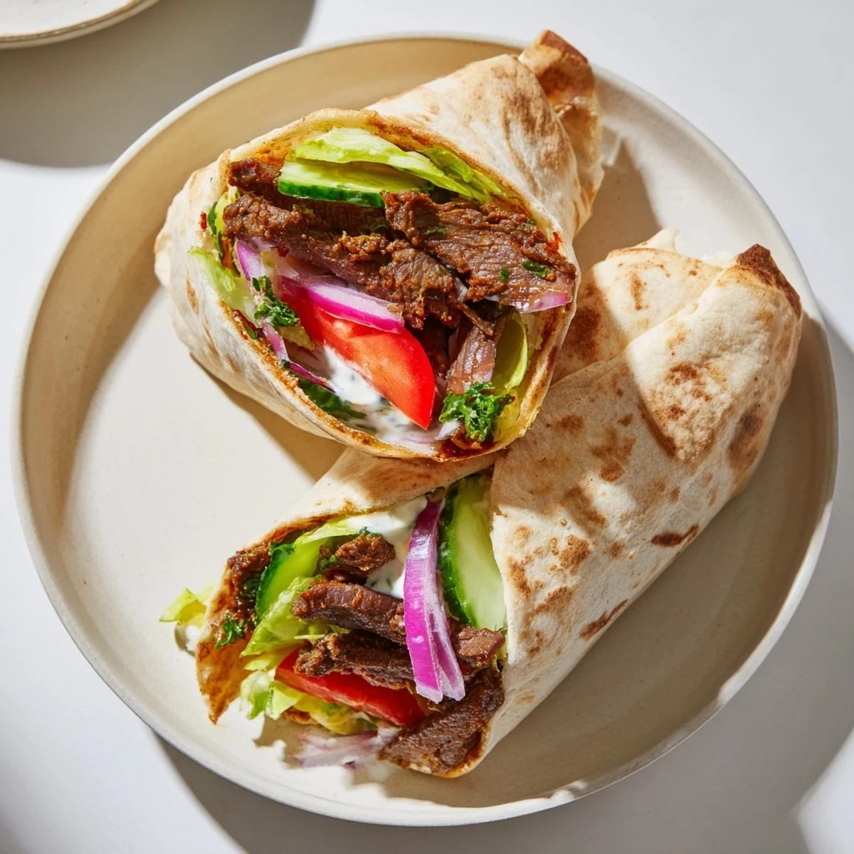 A close-up of delicious Beef Shawarma wraps with fresh vegetables, glistening on a plate, tempting flavors.