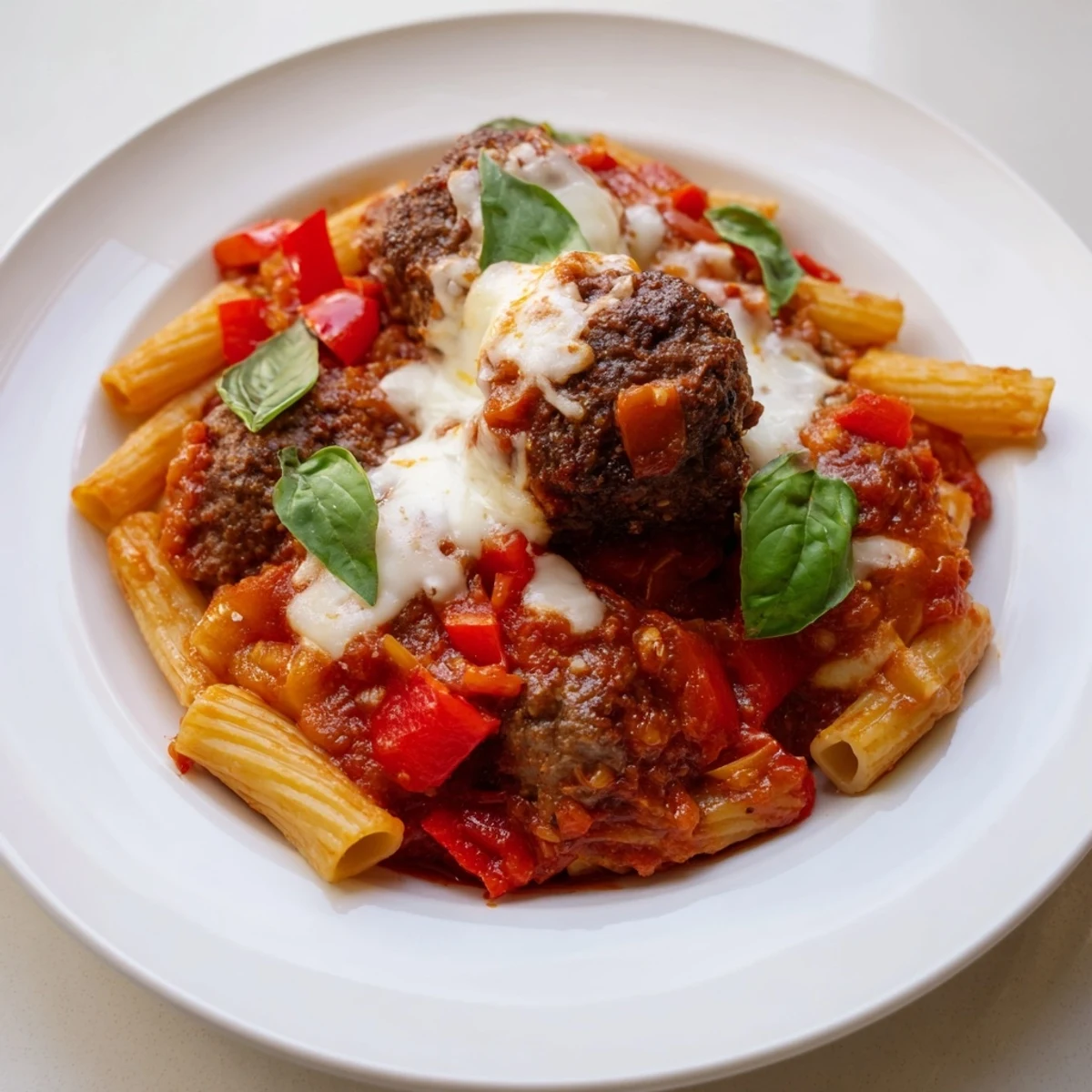 Italian Meatball Pasta Skillet bubbling with melted cheese and tender meatballs, ready to serve.