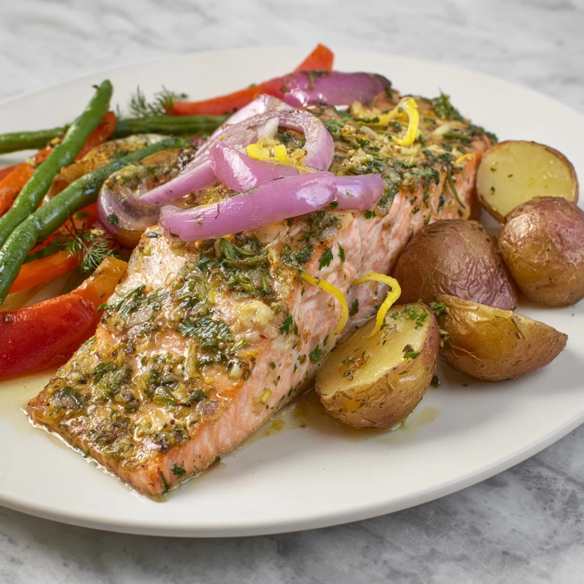 Golden, flaky Lemon Herb Salmon pairs perfectly with roasted potatoes and colorful vegetables.