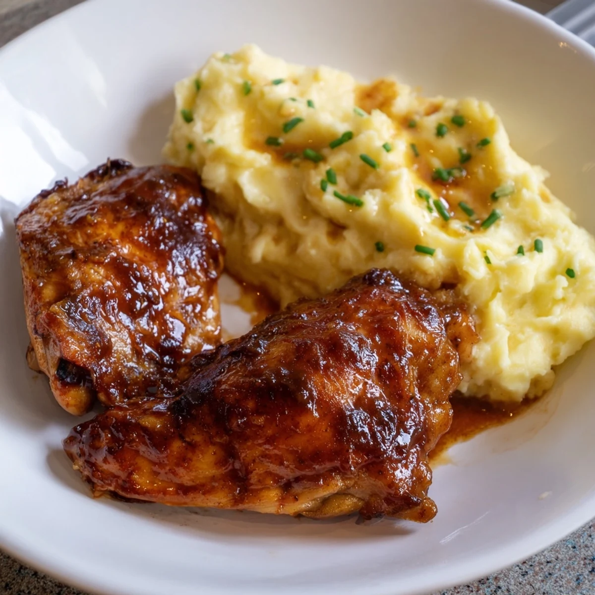 Tender Honey BBQ Chicken Thighs with a sweet, smoky aroma, paired with creamy garlic mashed potatoes.