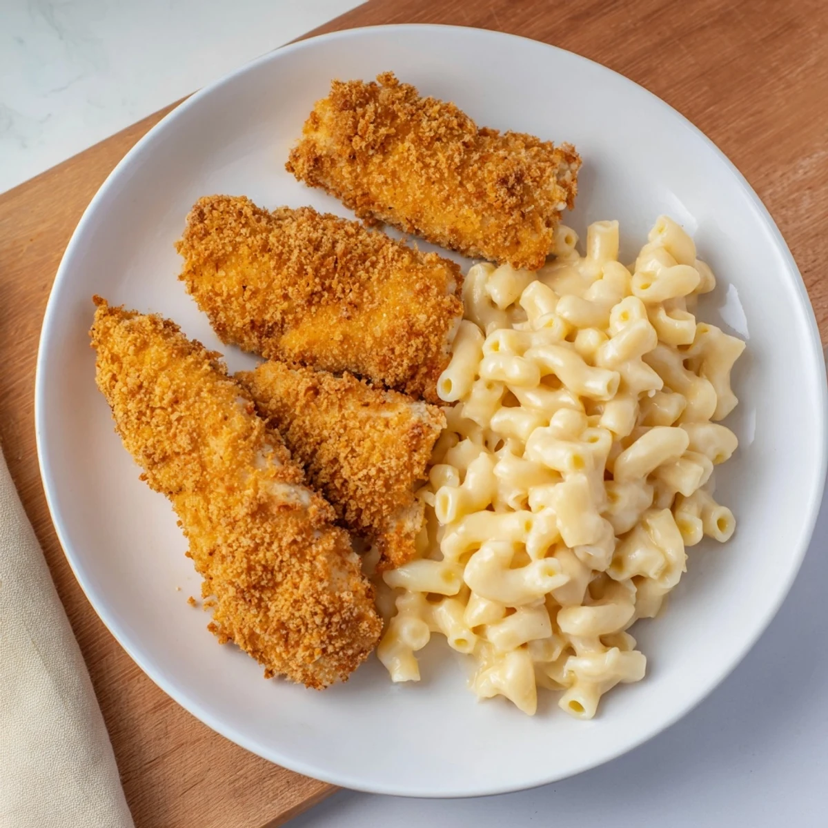 Golden, crispy chicken tenders resting next to a creamy, cheesy macaroni & cheese dish for a satisfying meal.