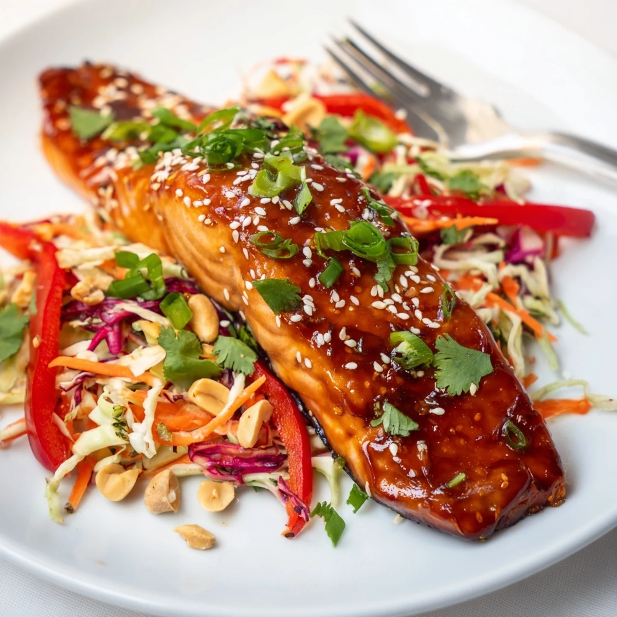Golden-brown teriyaki salmon glistens atop colorful Asian slaw in this enticing bowl.
