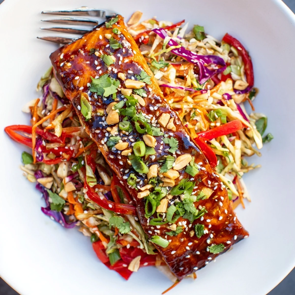 A beautifully plated Teriyaki Salmon & Asian Slaw Bowl with sesame seeds and fresh spring onions.
