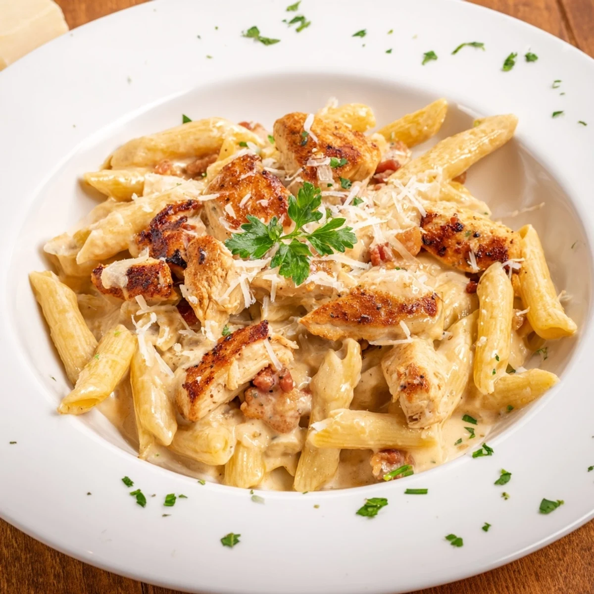 A skillet of creamy Ranch Chicken & Bacon Penne, with crispy bacon crumbles and fresh parsley.