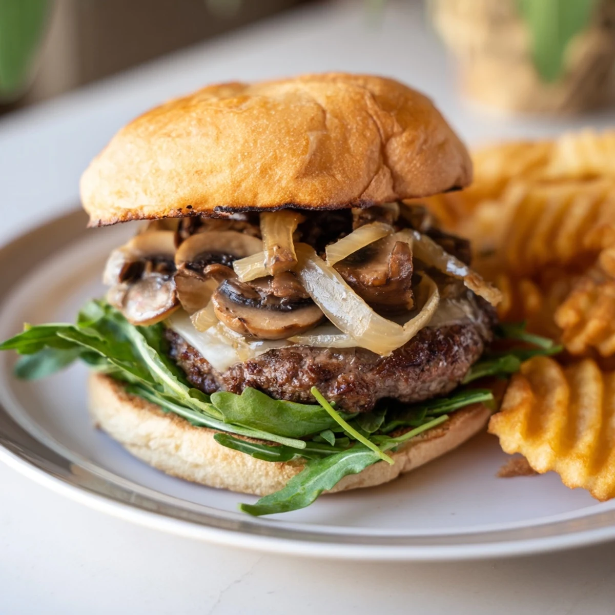 Indulge in a hearty Mushroom Swiss Burger, a symphony of flavors, served with perfectly cooked waffle fries.