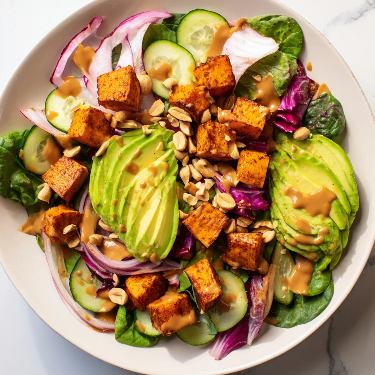 Warm, roasted spiced sweet potatoes in this Spiced Peanut Sweet Potato Salad Bowl, drizzled with peanut dressing.