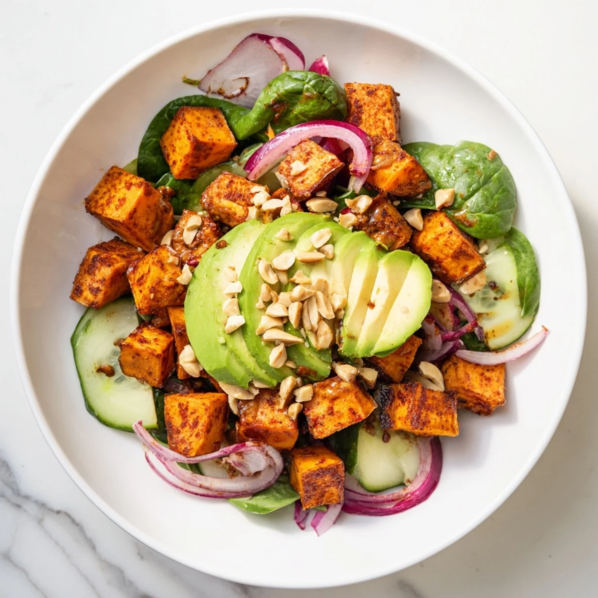 A colorful Spiced Peanut Sweet Potato Salad Bowl with golden sweet potatoes, fresh greens, and creamy avocado slices.