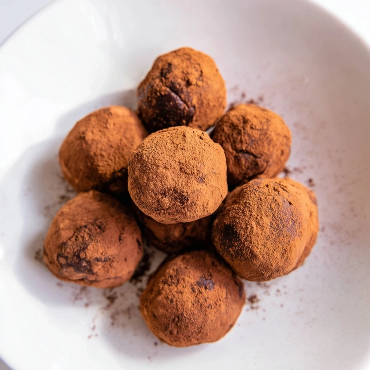 A close-up of shiny Date & Walnut Truffles, dusted with cocoa powder for an elegant presentation.