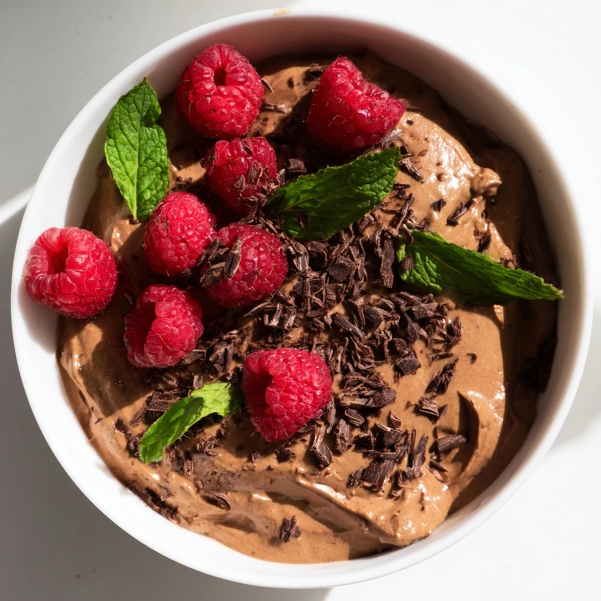 Dark chocolate shards and ruby raspberries accent this luscious avocado chocolate mousse dessert.
