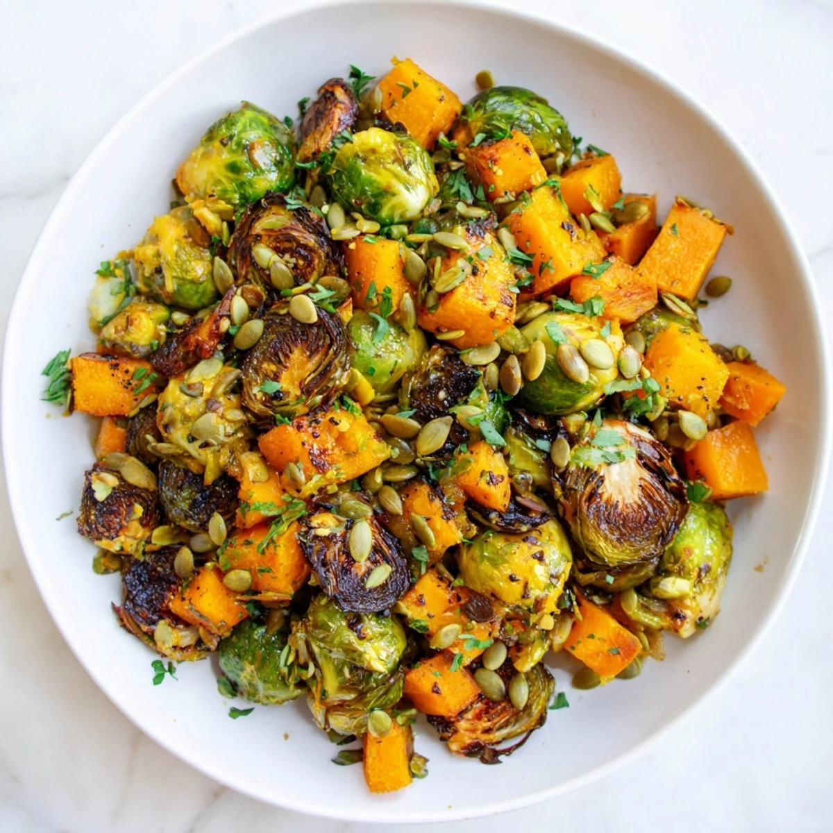 Golden roasted Brussels sprouts and butternut squash with orange dressing, a colorful side dish.