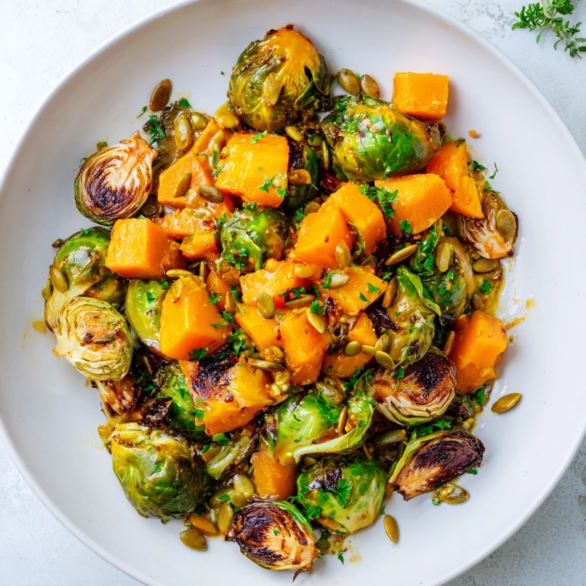 Savory serving of Roasted Brussels Sprouts & Butternut Squash, garnished with seeds and parsley, ready to eat.