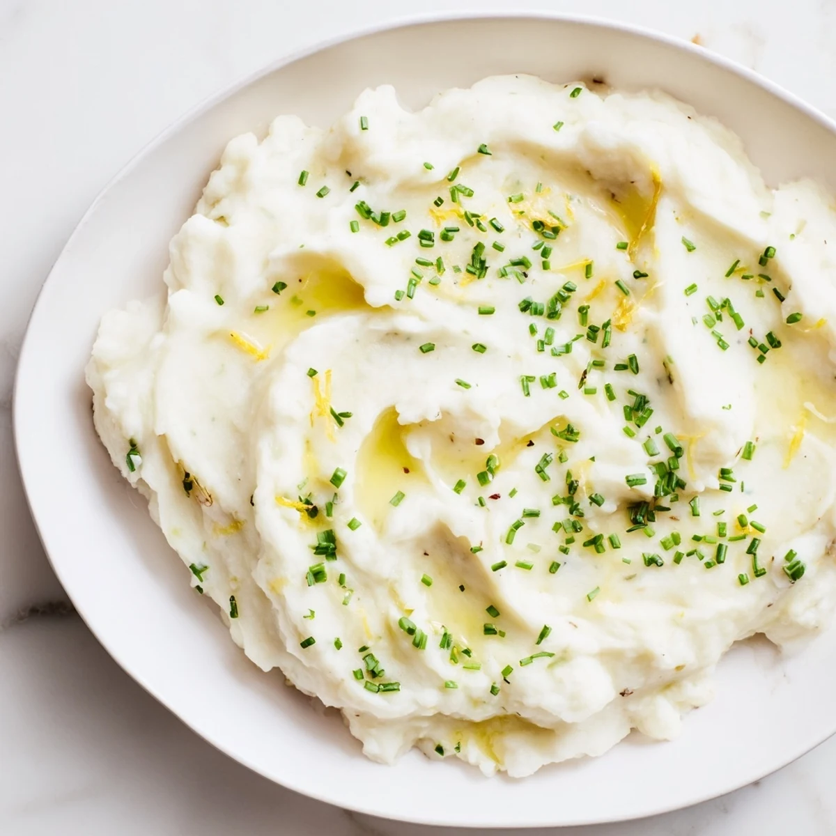 Fluffy cauliflower mash features bright lemon-herb flavors and roasted garlic for a satisfying meal.