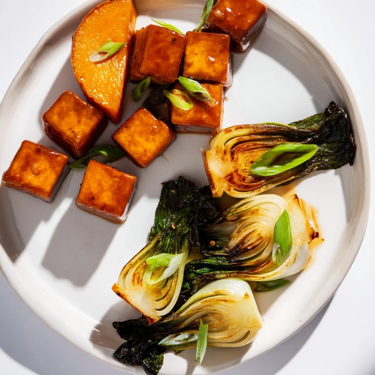 Savory miso glaze coats the roasted tofu and squash, a plant-based delight perfect for dinner.