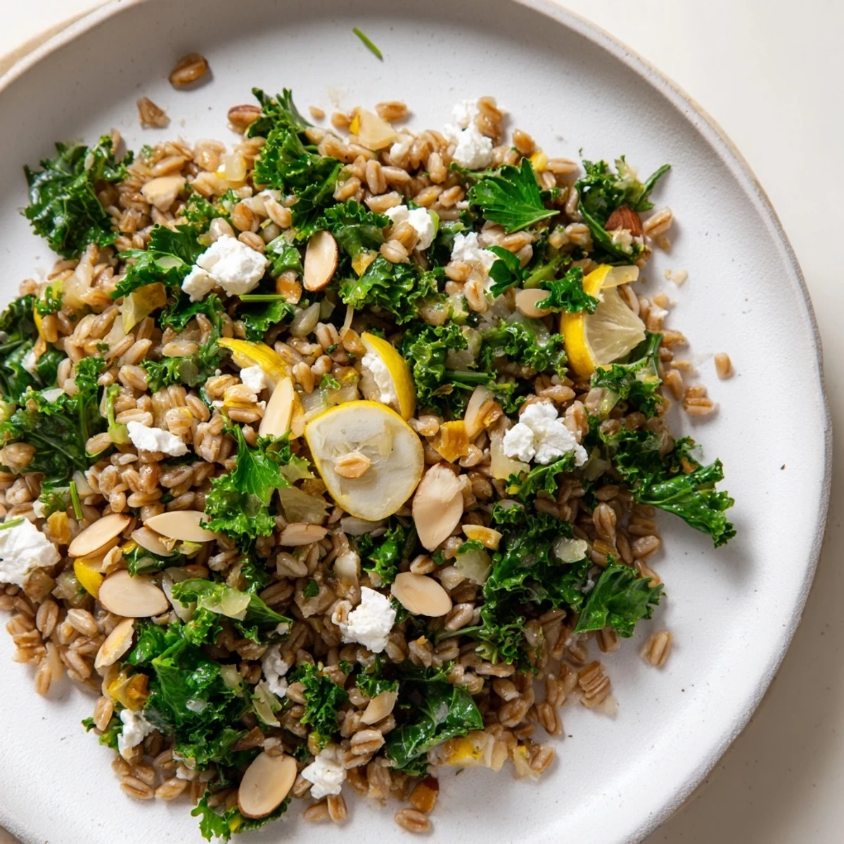 A close-up of a warm farro & greens pilaf with almonds, a fragrant Mediterranean-inspired main course.