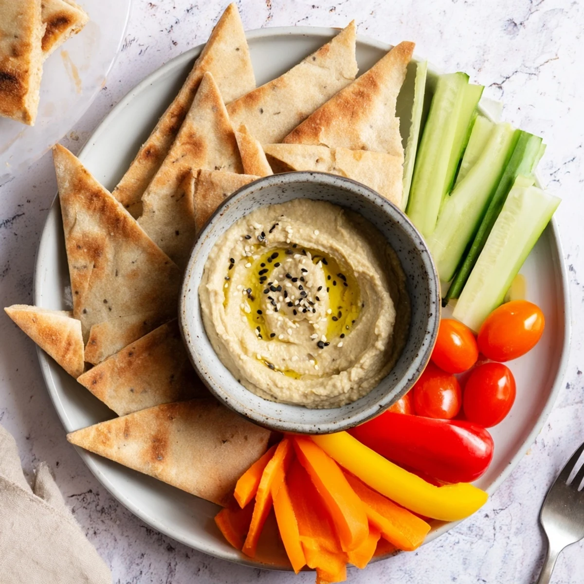 Homemade hummus, served alongside warm pita bread and crunchy veggie sticks for dipping.