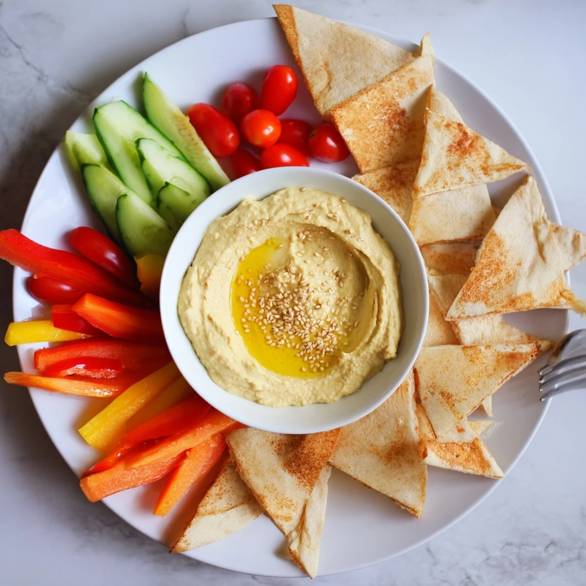 Freshly made DIY hummus with fluffy pita and a rainbow of raw vegetable sticks on a wooden board.