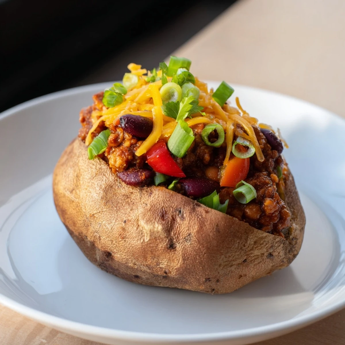 Steaming hot Chili-Style Baked Potatoes, loaded with savory chili and creamy cheddar, ready to eat.