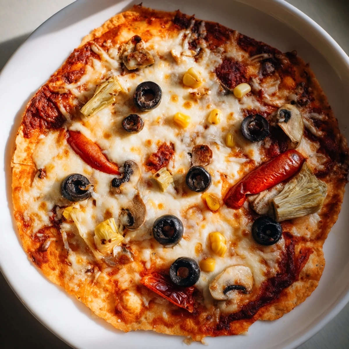 Crispy tortilla pizza, topped with melted cheese and olives, perfect for a quick dinner.