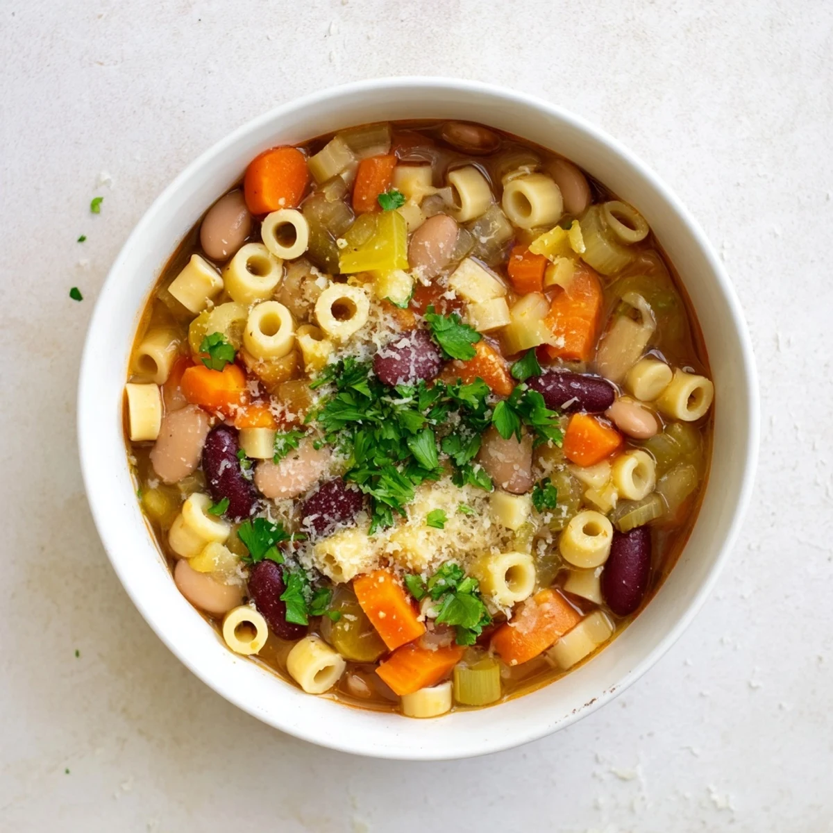 A close up shot of Pasta e Fagioli, garnished with fresh parsley and Parmesan cheese.