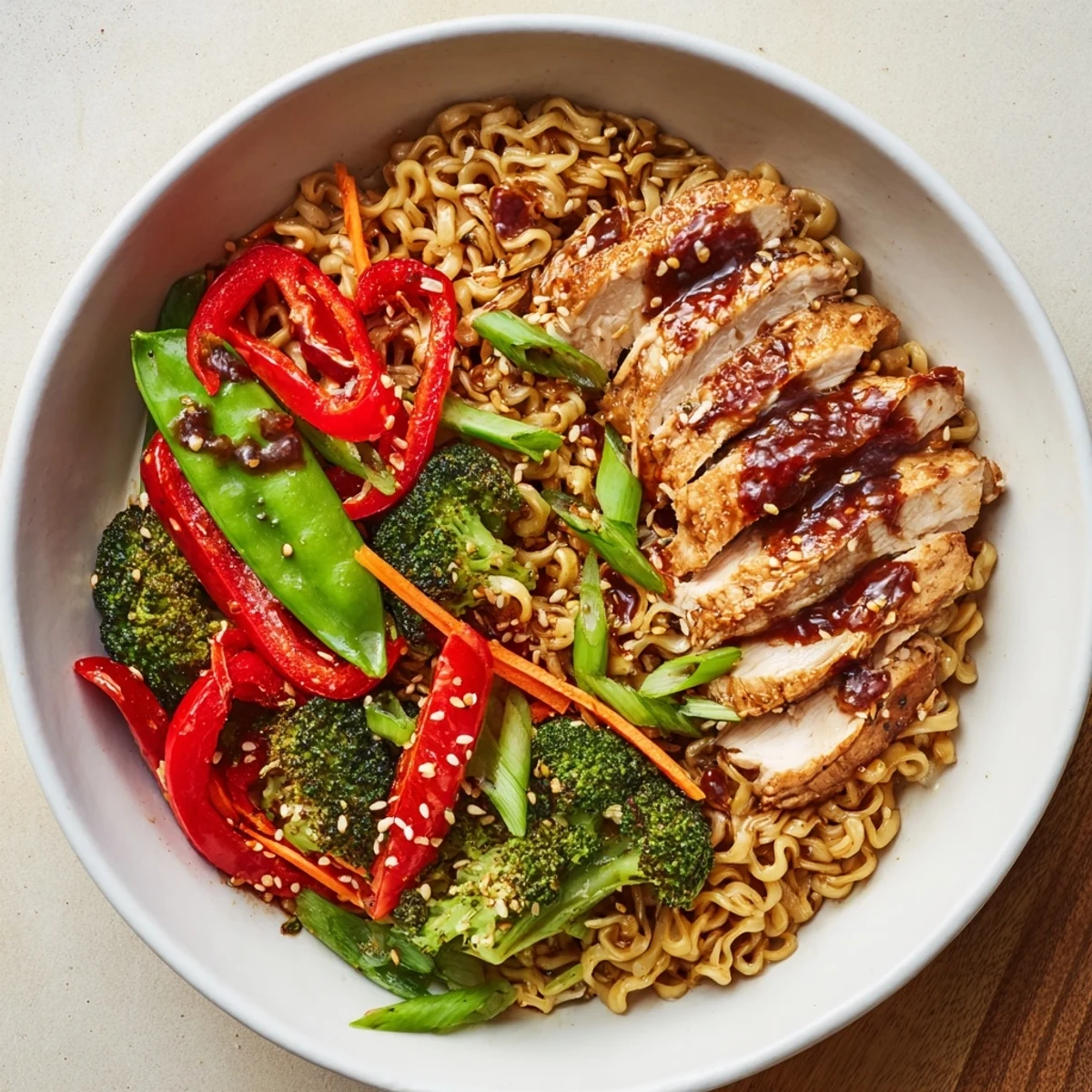 Golden sheet-pan crispy ramen with chicken showcases tender chicken, vibrant veggies, and crunchy noodles.