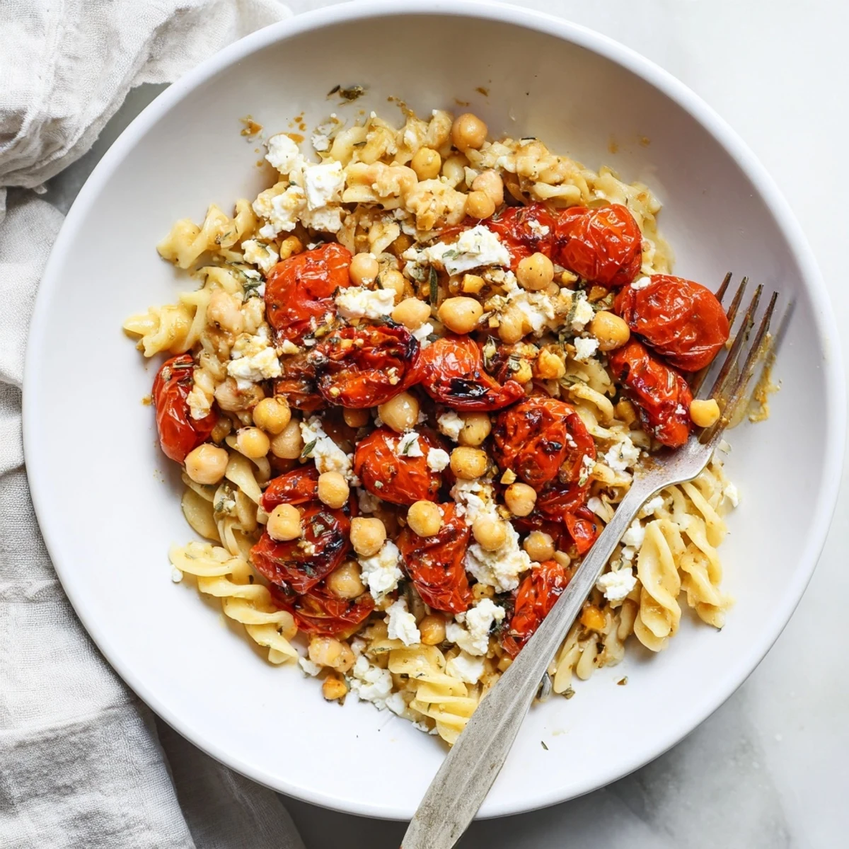 Golden baked feta nestled in roasted tomatoes and chickpeas, served over pasta, a delicious recipe.