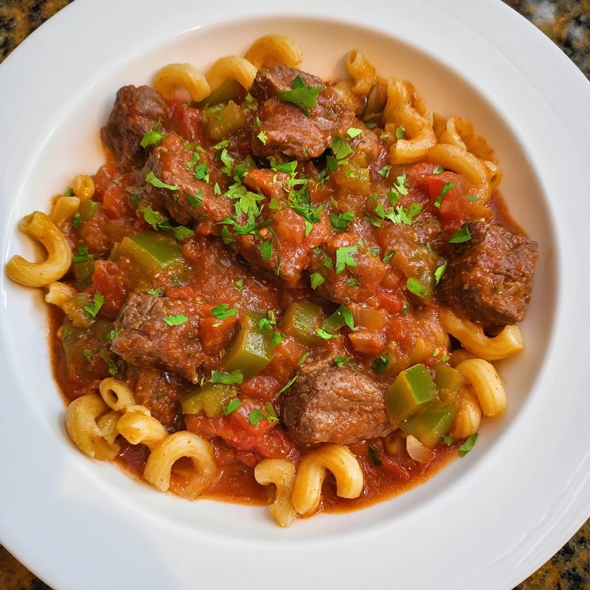 A fragrant bowl of homemade beef goulash with tender pasta, perfect for a cozy weeknight.