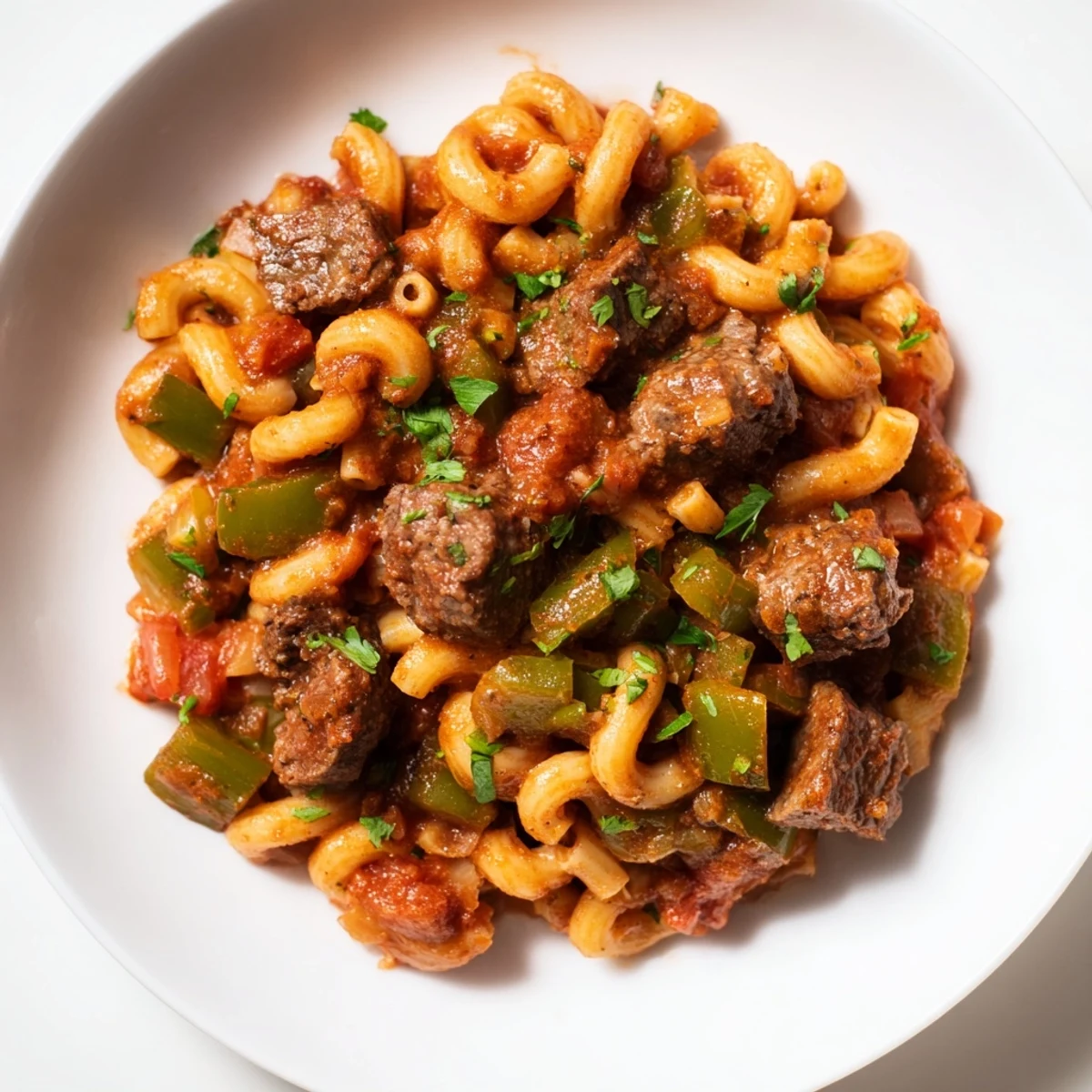 Close-up of savory goulash, filled with beef, pasta, and vibrant vegetables, ready for dinner.